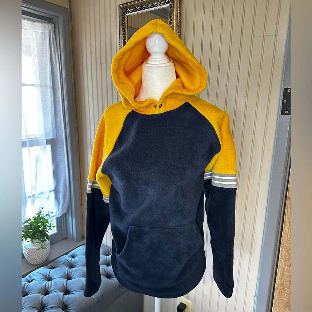 Y2K Arizona Colorblock Fleece Mens Hoodie Navy Yellow Pullover 2000s Size L